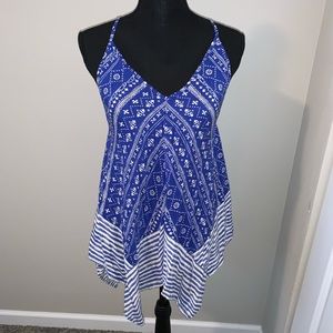 Handkerchief style blue and white strapy tank